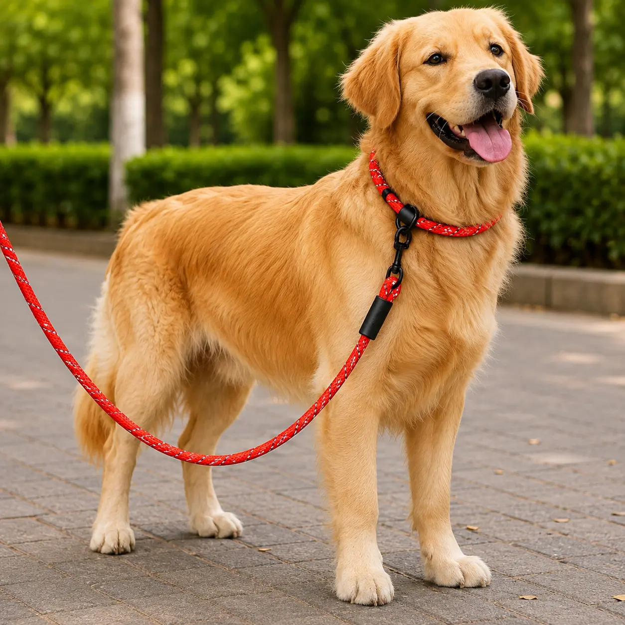 Golden retriever wearing red pet leash outdoors