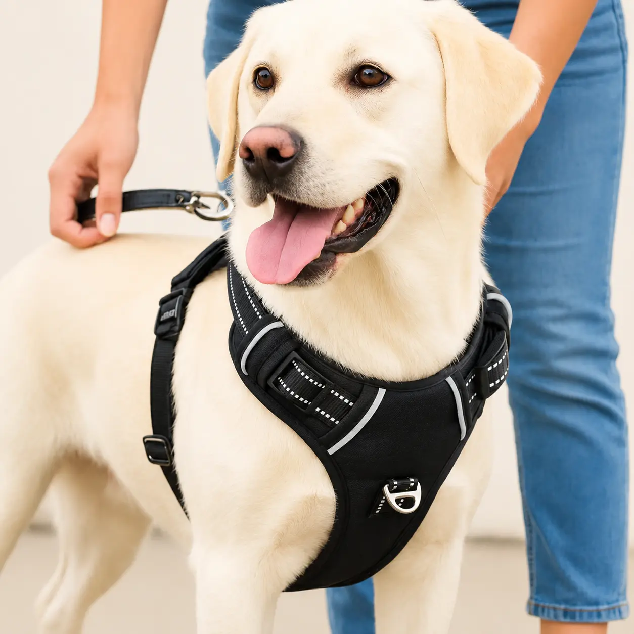 Adjustable black dog harness with reflective strips