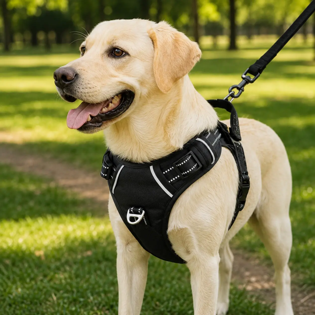 Black padded harness for dogs with metal leash ring